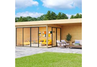 De Hoeve tuinkamer met terras model Schore ALU 70 A + TC | 9,4 x 3,7 m 70 mm